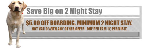 Save Big on 2 Night Stay - $5.00 Off Boarding. Minimum 2 Night Stay. Not Valid With Any Other Offer. One Per Family, Per Visit.